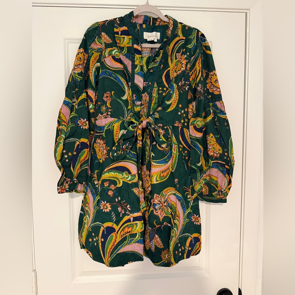 Anthropologie Green Paisley Print Dress with Multicolor Accents
